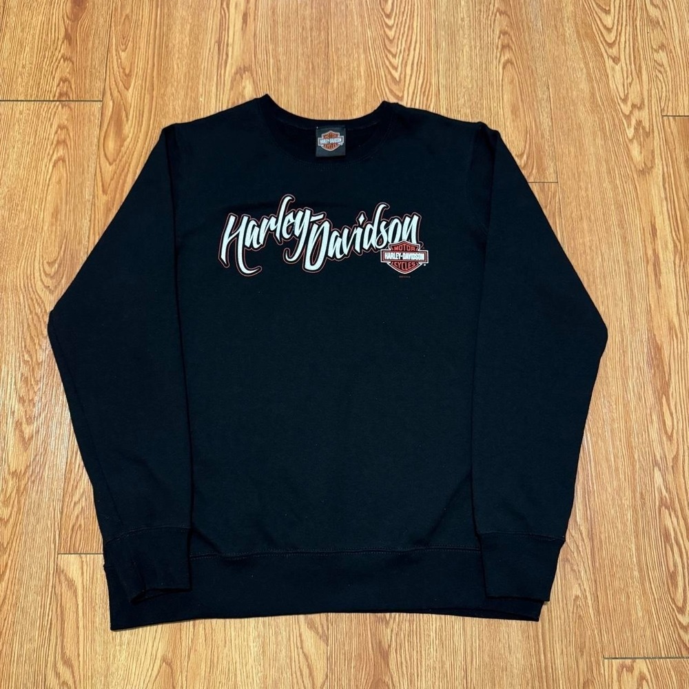 Harley Davidson Women's Sweatshirt Large Glitter Spellout Logo Black Sparkle